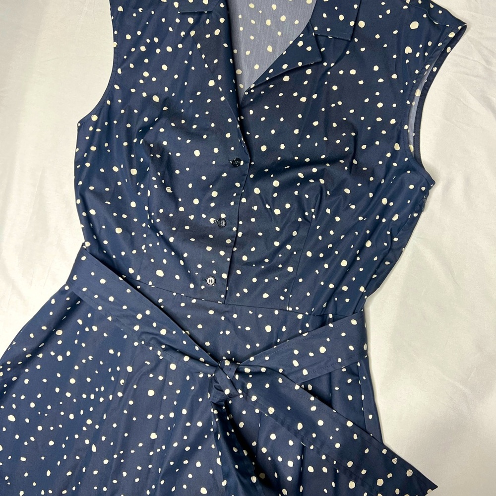 Sleeveless Fit & Flare Ann Taylor Dress Size 12 Navy With White Dots & pockets!